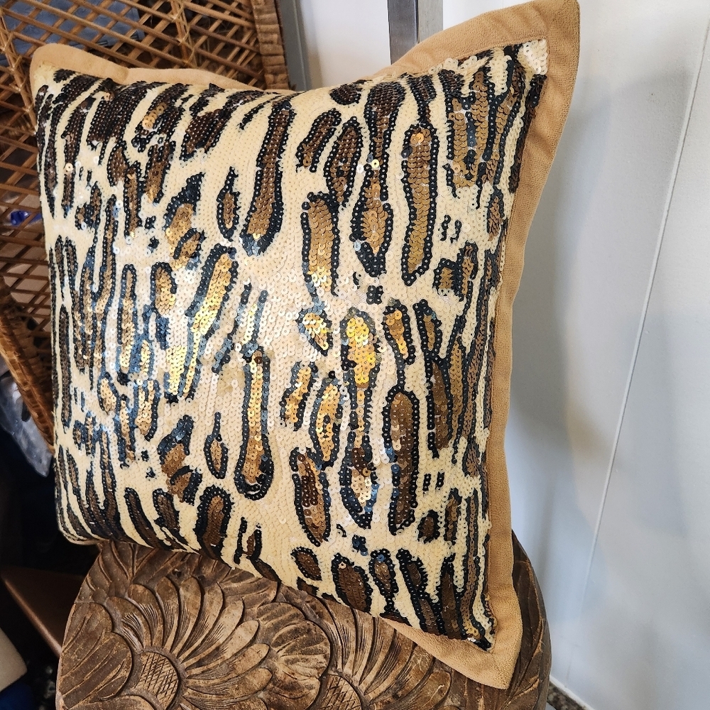 Leopard Print Sequin Brown Tan Leopard Animal Print Throw Pillow Home Decor 15" - Picture 3 of 7